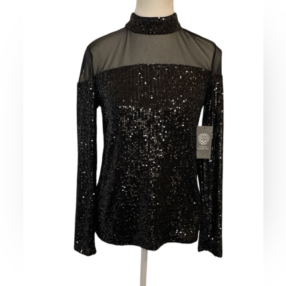 Vince Camuto Sequin Mesh Mock Neck Top - Size S - Rich Black  (NWT)